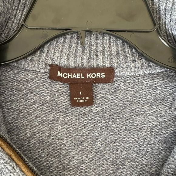 Men's Large Michael Kors Blue Pullover with Brown Arm Patches - Picture 3 of 5